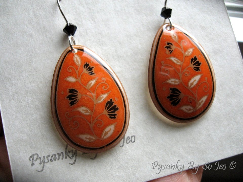 Orange & Black Spring Vines Teardrop Earrings Pysanky Jewelry by So Jeo